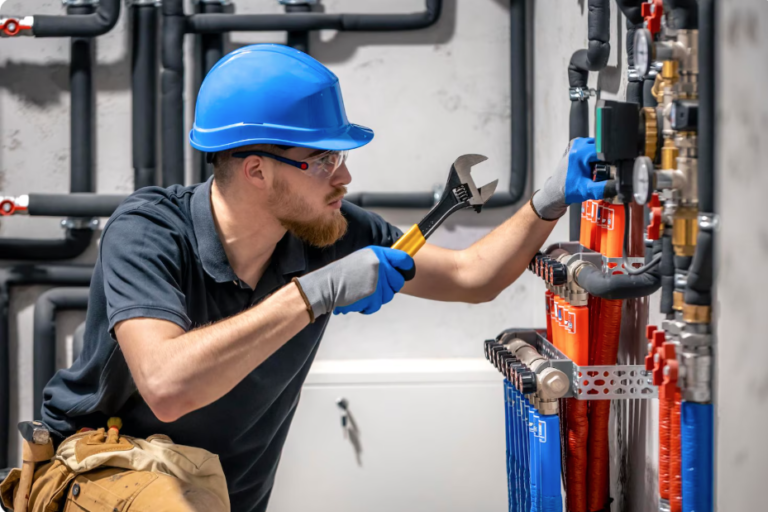 Commercial building plumbing inspection by technician