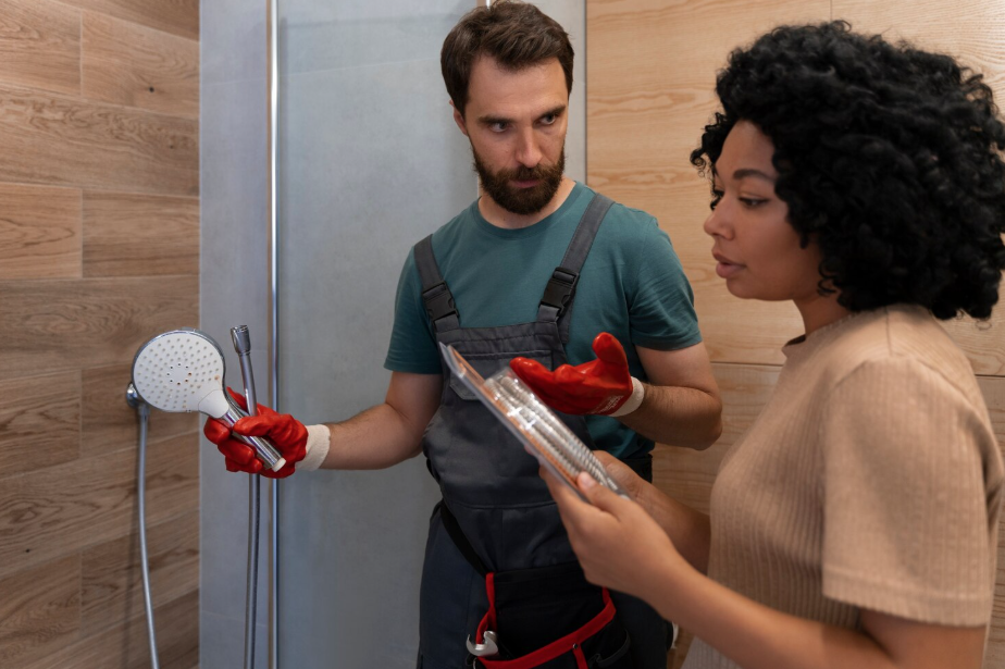 Skilled plumbing technician sealing bathroom fixtures